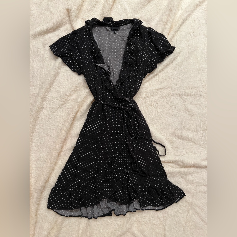 Ruffle trim polka dot wrap dress